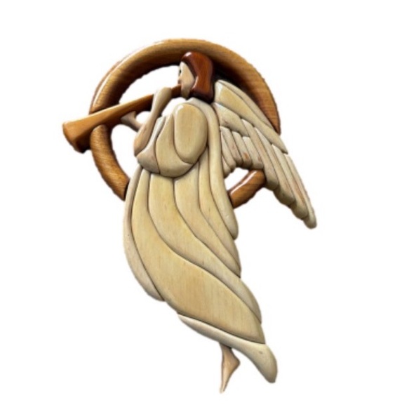Other - Vintage Intarsia Angel Wood Sculpture Mosaic Musician Figurine Wall Hanging 9.5”